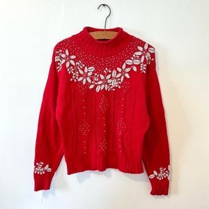 Christopher & Banks red festive holiday cable knit sweater with beading medium